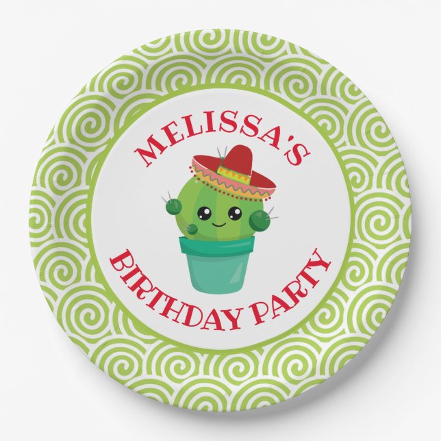 Assiettes En Carton Cute Cactus dans un Sombrero Anniversaire (Devant)