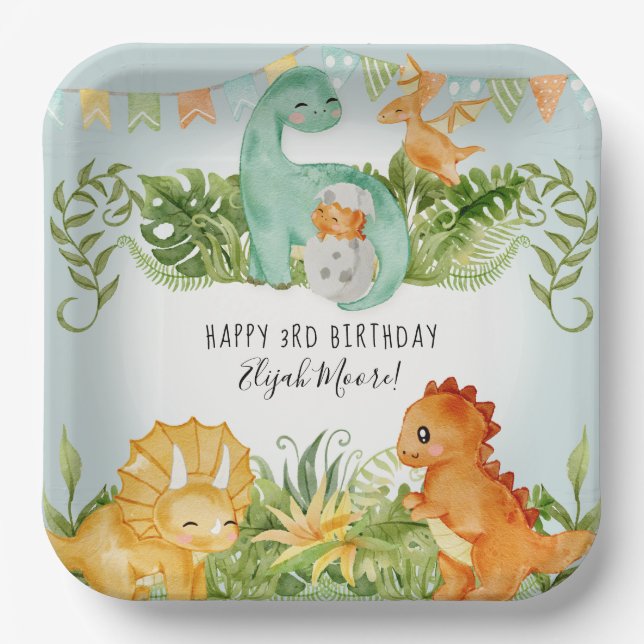 Assiettes En Carton Cute Carré Dinosaur Foliage 3e fête d'anniversaire (Recto)