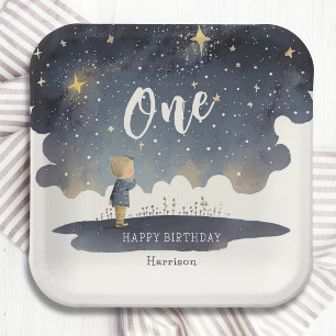 Assiettes En Carton Cute Celestial Anniversaire Étoiles Aquarelle Garç