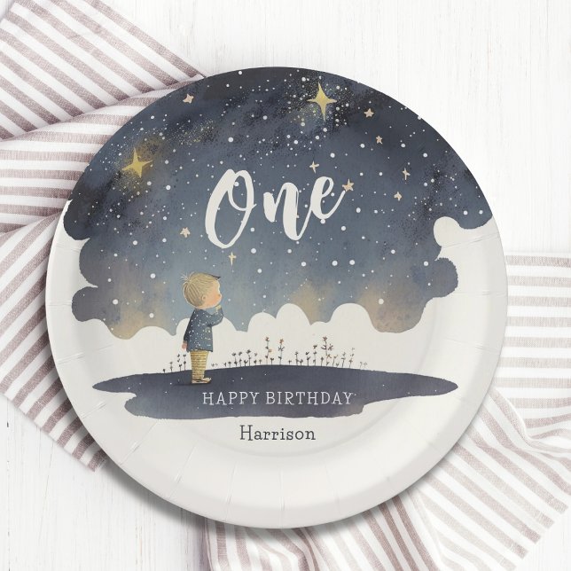Assiettes En Carton Cute Celestial Anniversaire Étoiles Aquarelle Garç (Créateur téléchargé)