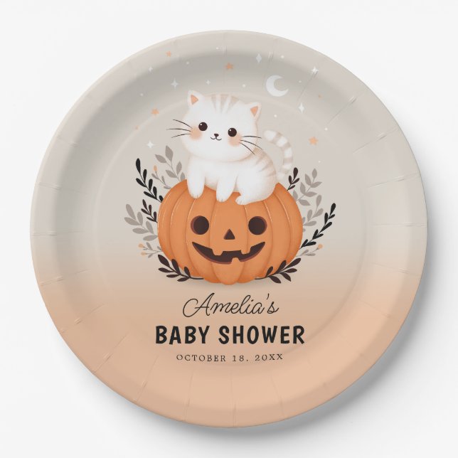 Assiettes En Carton Cute Chat et Citrouille Baby shower d'Halloween (Devant)