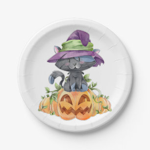Assiettes En Carton Cute chat noir et Citrouille