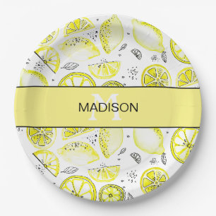 Assiettes En Carton Cute Citron frais Citrus Doodle Yellow Monogramme