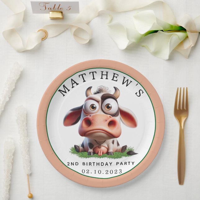 Assiettes En Carton Cute Cow Farm Animaux 2e fête d'anniversaire (Mariage)