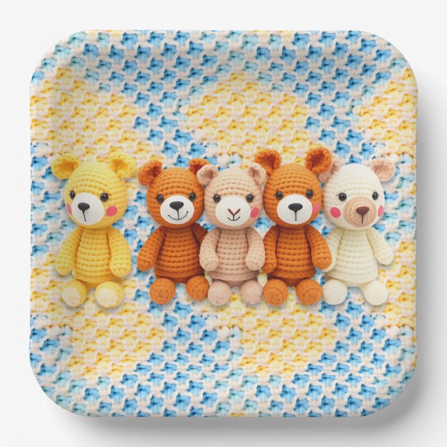 Assiettes En Carton Cute Crocheted Teddy Bears Boy's Baby Shower (Recto)