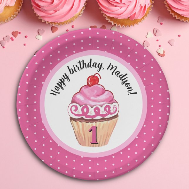 Assiettes En Carton Cute Cupcake Rose Girl Joyeux 1er anniversaire (Créateur téléchargé)