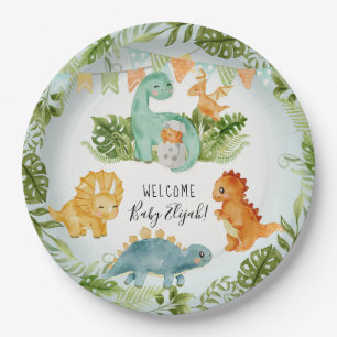 Assiettes En Carton Cute Dinosaur Foliage Aquarelle Bébé Garçon Dou