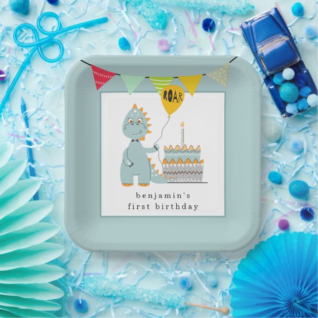 Assiettes En Carton Cute Dinosaur Gâteau Poudre Bleu 1er anniversaire (Fête)