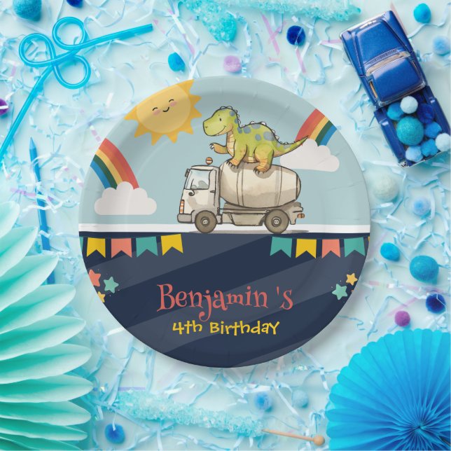 Assiettes En Carton Cute dinosaure camion ciment Rainbow School Annive (Fête)