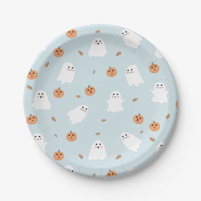 Assiettes En Carton Cute Fantôme et Citrouille Motif d'Halloween bleu (Devant)