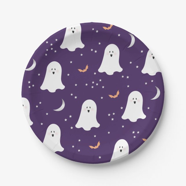 Assiettes En Carton Cute Fantômes Halloween Plaque en papier violet fo (Devant)