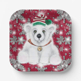 Assiettes En Carton Cute festive holiday Polar bear glitter snowflakes