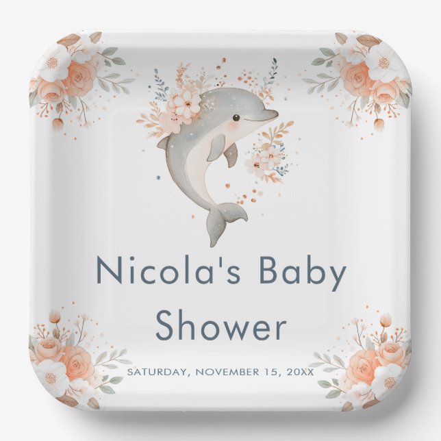 Assiettes En Carton Cute Floral Dolphin  Baby Shower (Recto)