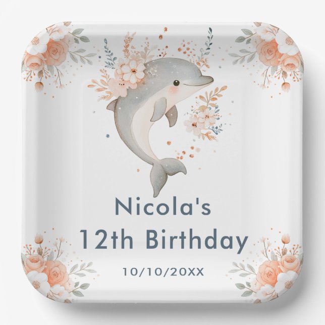 Assiettes En Carton Cute Floral Dolphin Birthday Party (Recto)