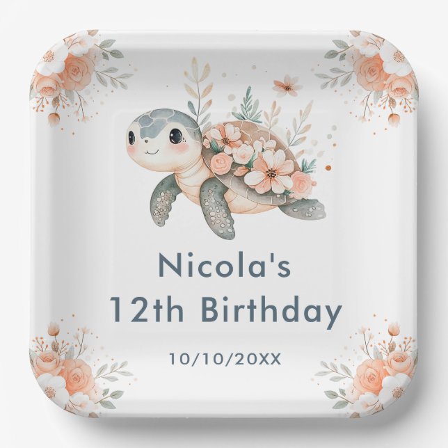 Assiettes En Carton Cute Floral Turtle Birthday Party (Recto)