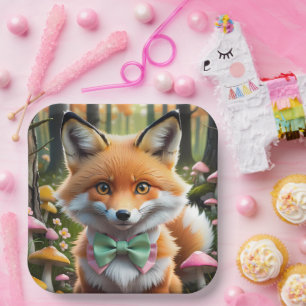 Assiettes En Carton Cute Fox avec arc vert et rose