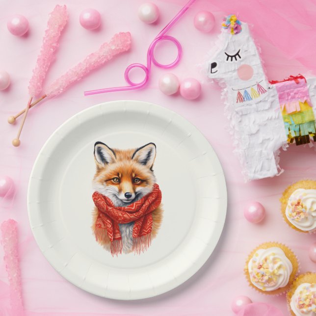 Assiettes En Carton Cute Fox in a Red Scarf Autumn Image (Fête)