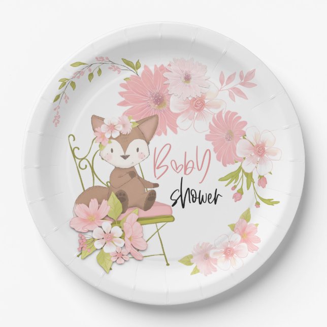 Assiettes En Carton Cute Fox Rose Blanc Florals Fille Baby shower (Devant)