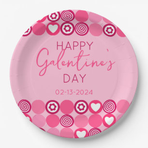 Assiettes En Carton Cute Galentine's Day Coeur rose et Motif de fleurs