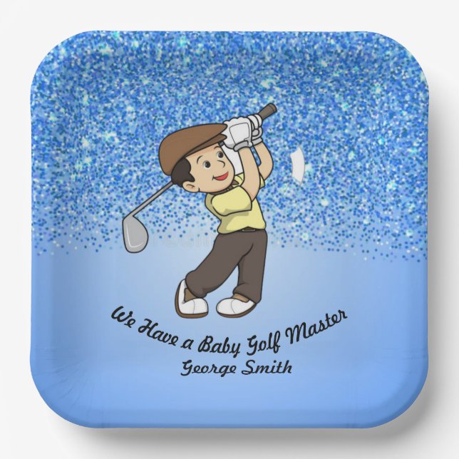 Assiettes En Carton Cute Garçon Bébé Bleu Personnalisable Golf Master (Recto)