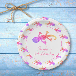 Assiettes En Carton Cute Gecko Lizard Pink Rainbow Girl`anniversaire