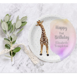 Assiettes En Carton Cute Giraffe Safari Wild Jaune 1ère fête d'anniver