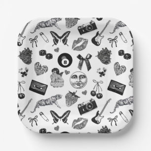 Assiettes En Carton Cute Girl Noir Blanc Motif esthétique