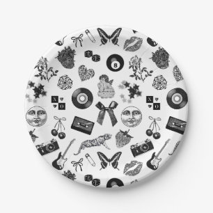 Assiettes En Carton Cute Girl Noir Blanc Motif esthétique