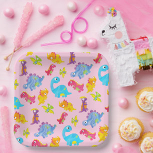 Assiettes En Carton Cute Girly Coloré Dinosaure Rose Thème Anniversair