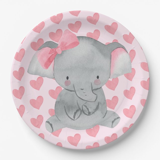 Assiettes En Carton Cute Girly Elephant Pink Bow Birthday Party  (Devant)