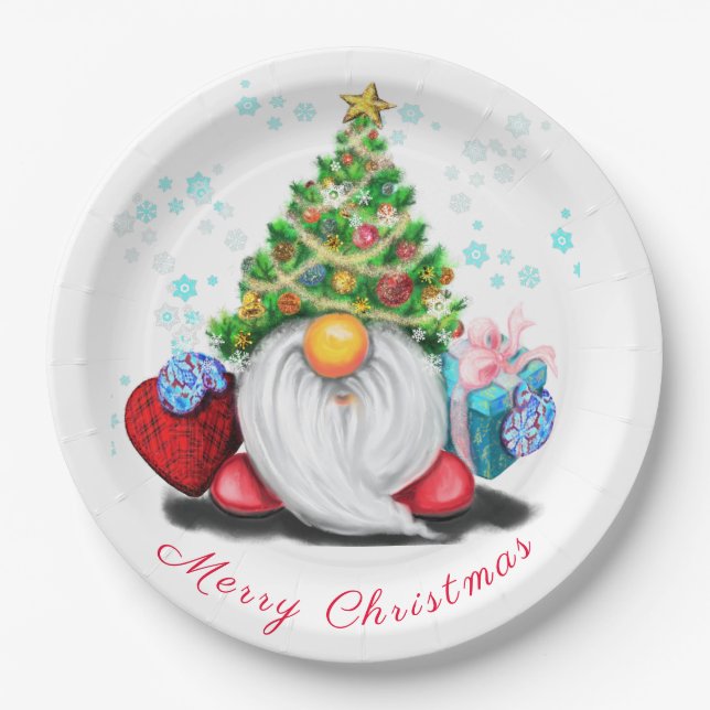 Assiettes En Carton Cute Gnome with Christmas Tree Hat and Gift  (Devant)