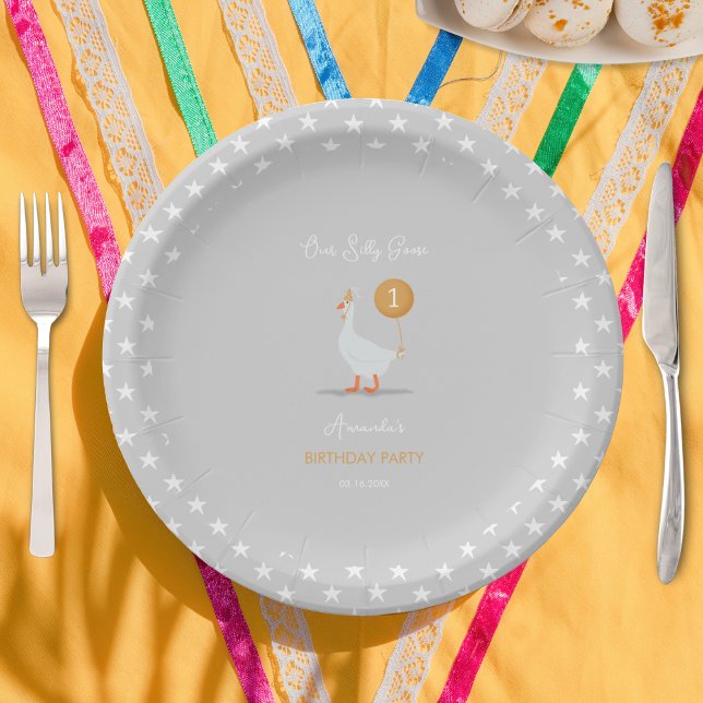 Assiettes En Carton Cute Grey et Jaune 1ère oie de fête d'anniversaire (Créateur téléchargé)