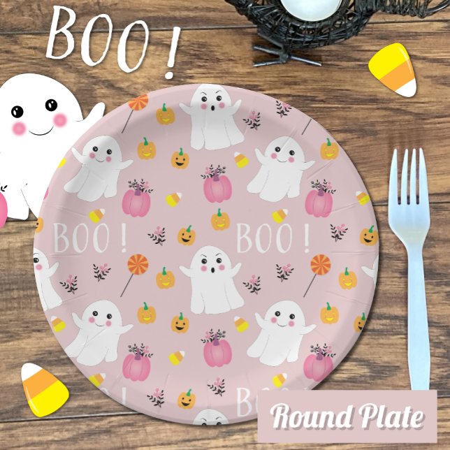 Assiettes En Carton Cute Halloween Fantômes Plaque en papier rose (This cute Halloween ghosts round paper plate is available in two sizes : 7 " or 9" . )