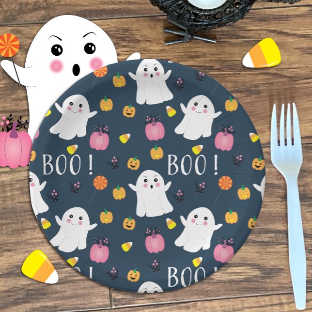 Assiettes En Carton Cute Halloween Ghost Dark Blue Papier Plaque (Créateur téléchargé)