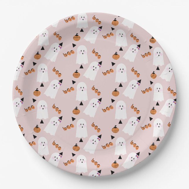 Assiettes En Carton Cute Halloween Ghost Ghoul Orange Confetti rose (Devant)