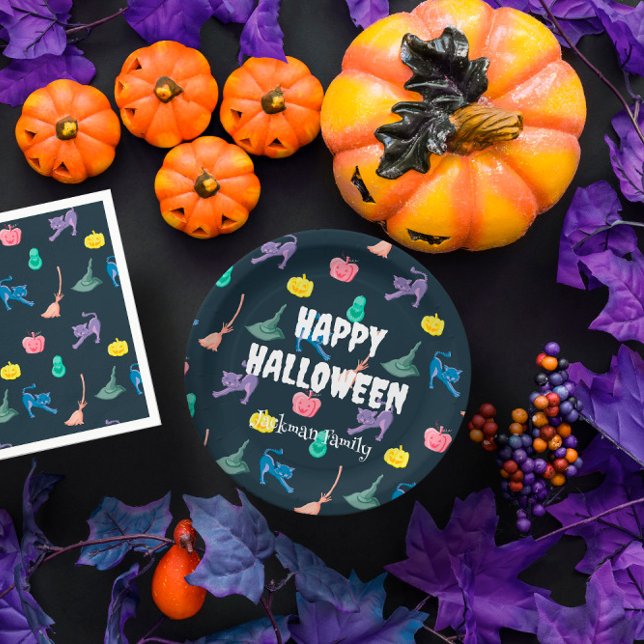 Assiettes En Carton Cute Halloween personnalisable avec chauves-souris (Cute Halloween customizable with bats and spiders Paper Plates)