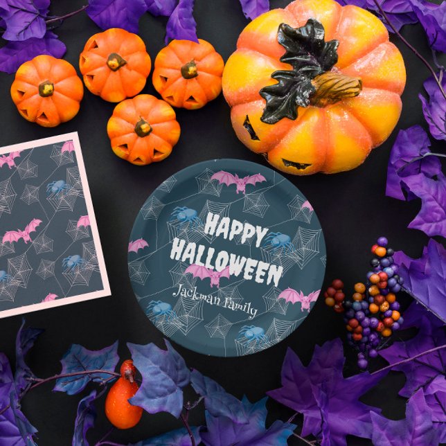 Assiettes En Carton Cute Halloween personnalisable avec chauves-souris (Cute Halloween customizable with bats and spiders Paper Plates
)