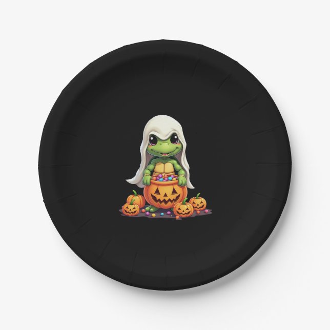Assiettes En Carton Cute Halloween Turtle Ghost avec bonbon (1) (Devant)