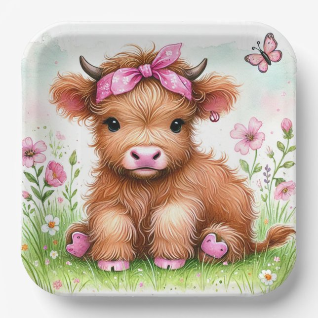 Assiettes En Carton Cute Highland Vache papillon Fille Anniversaire (Recto)