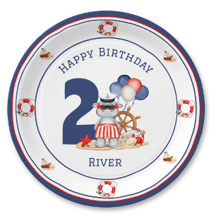 Assiettes En Carton Cute Hippo Nautique Anniversaire Garçon Bleu Perso