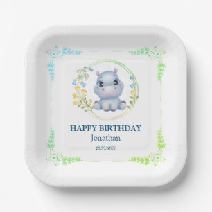 Assiettes En Carton Cute Hippopotamus Fleur Wreath Joyeux Anniversaire