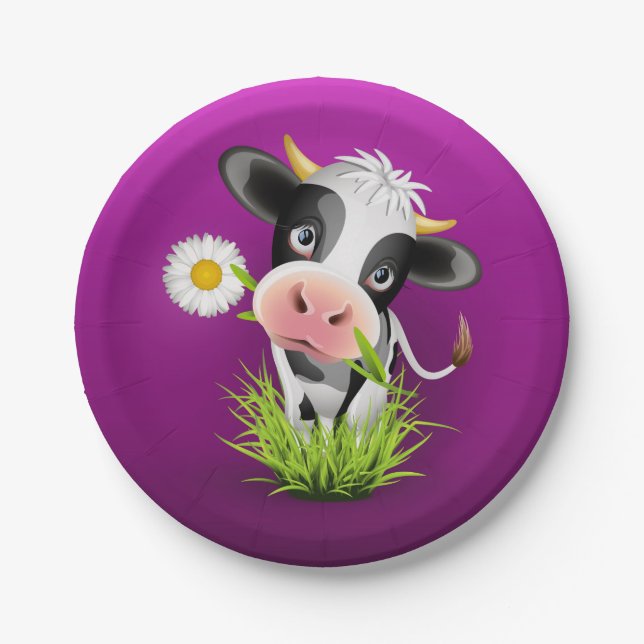 Assiettes En Carton Cute Holstein cow in grass over purple (Devant)