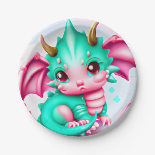 Assiettes En Carton Cute Kawaii Dragon de bébé Turquoise et rose