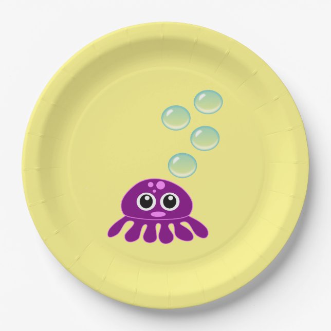 Assiettes En Carton Cute Kawaii méduse violette avec des bulles bleues (Devant)