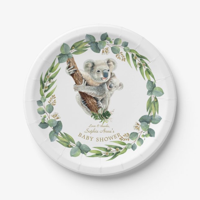 Assiettes En Carton Cute Koala Eucalyptus Wreath Girl Baby shower (Devant)