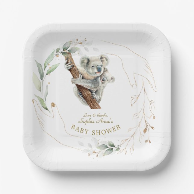 Assiettes En Carton Cute Koala Greenery Gold Girl Baby shower (Recto)