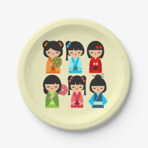 Assiettes En Carton Cute Kokeshi poupées japonaises