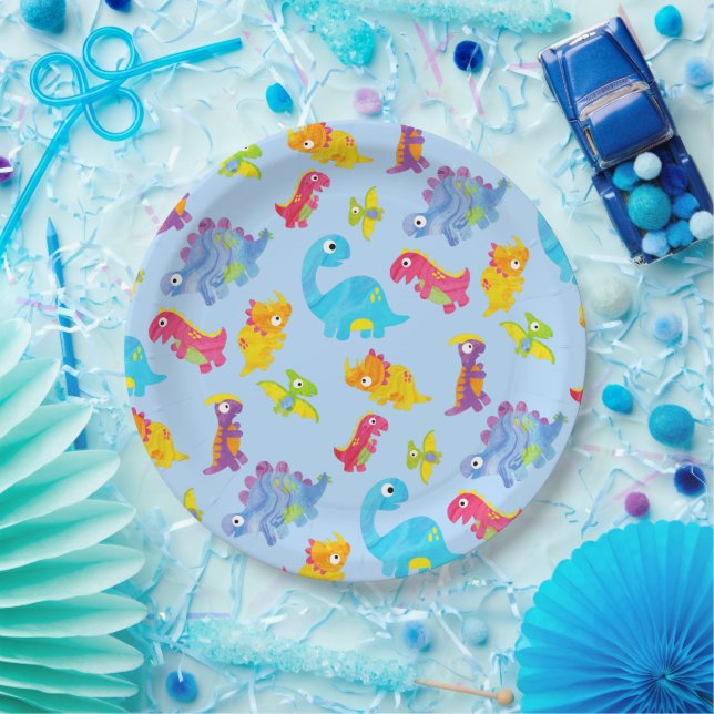Assiettes En Carton Cute Light Pastel Blue Baby Dinosaur Anniversaire (Fête)