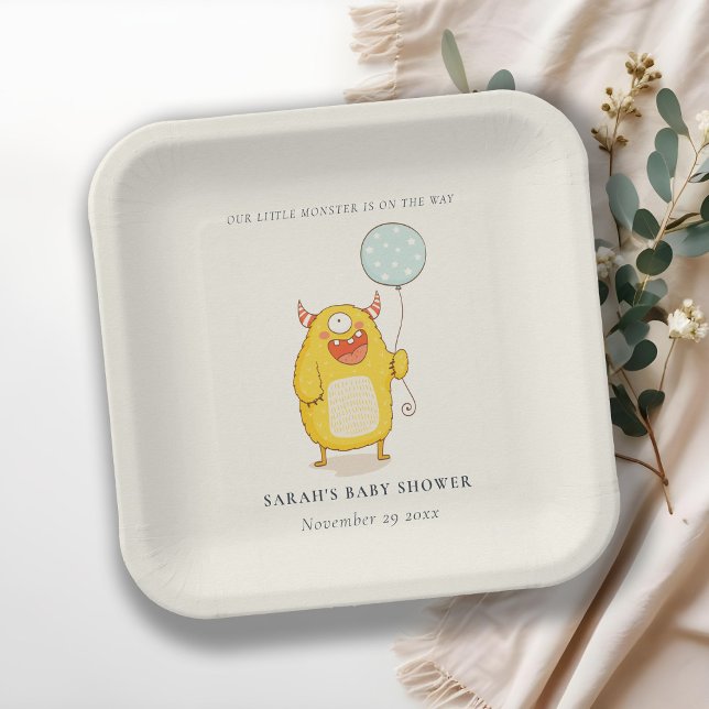 Assiettes En Carton Cute Little Aqua Yellow Monster Baby shower Invita (Créateur téléchargé)