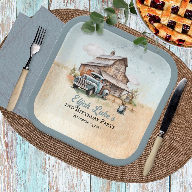 Assiettes En Carton Cute Little Farmer 2e fête d'anniversaire (Blue Boy 2nd Birthday Party Barn | Vintage Truck Paper Napkins)